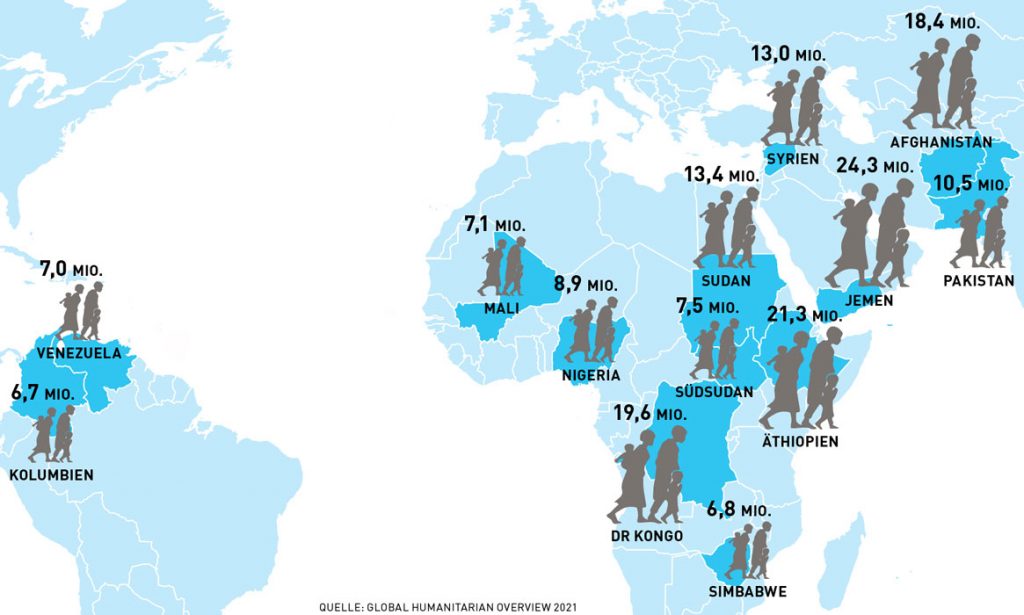 Laut den Vereinten Nationen benötigen heuer 235 Millionen Menschen weltweit humanitäre Hilfe und Schutz – vor allem in Krisenregionen in Afrika, Asien und Südamerika.